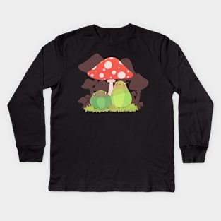 Adorable Frogs Chilling Under Mushroom Umbrella - Brown Kids Long Sleeve T-Shirt